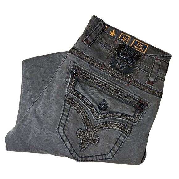 ROCK REVIVAL Gray Ben Straight Leather Detail Jeans Mens 36 Rebel Biker 90's - Picture 2 of 16